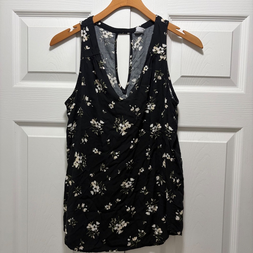Old Navy Women Black Floral V-Neck Keyhole Back Sleeveless Tank Top S 553047-02